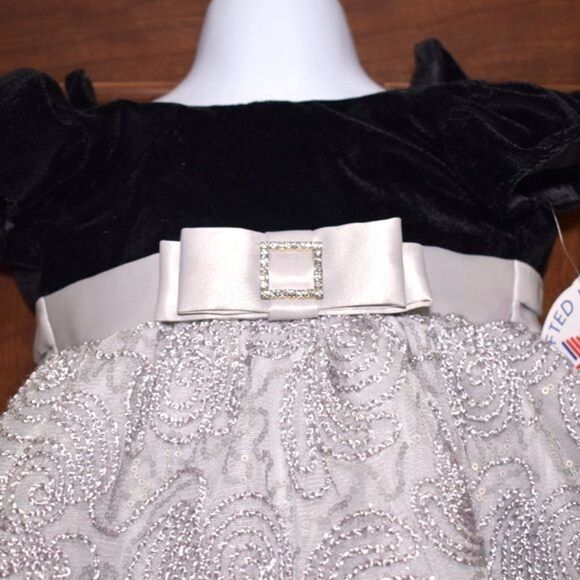 Little Girls Formal Dress 6-12 M Black Silver Short Sleeve Party Holiday Gown - Picture 3 of 7
